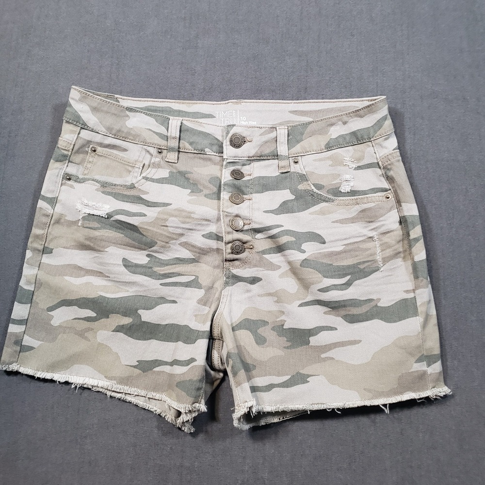 Time and Tru Denim Shorts Womens 10 Green Camo High Rise Button Fly Frayed Hem